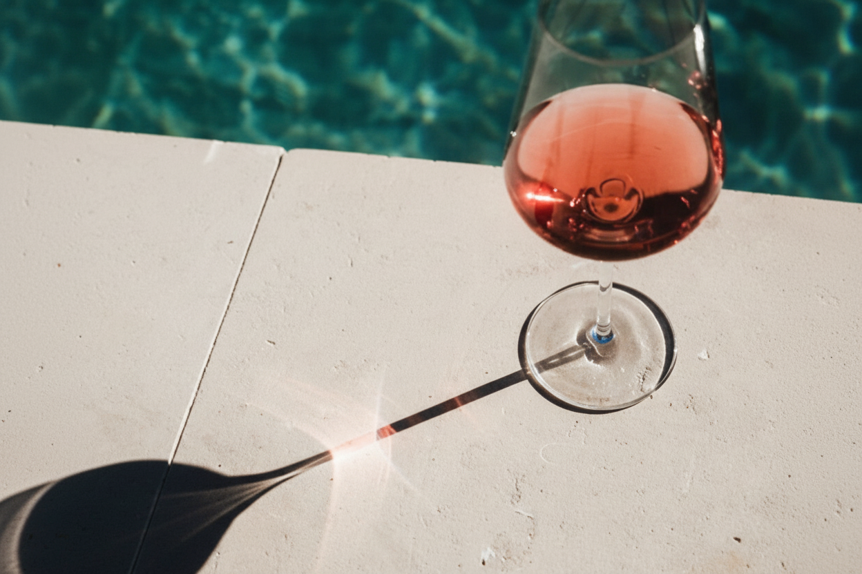 Vinho rosé na piscina - vista de cima